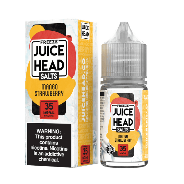 Juice Head Mango Strawberry Freeze Salt e-liquid bottle, 30mL, with colorful label and flavor details on the packaging.