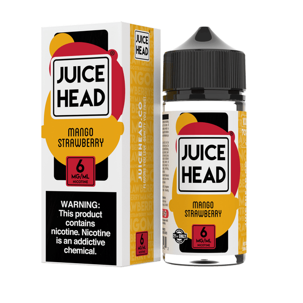 Juice Head Mango Strawberry e-liquid bottle, 100mL, featuring fresh mango and strawberry flavors in a clear container.
