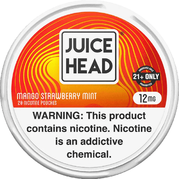 Juice Head Mango Strawberry Mint nicotine pouch pack containing 20 pouches with tropical fruit and mint flavor.