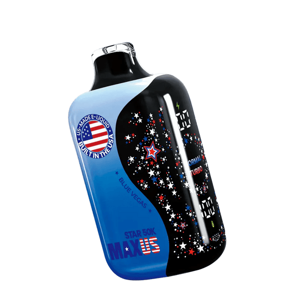 MAXUS Star 50K disposable vape, sleek design with colorful branding and mouthpiece, compact and portable vaping device.