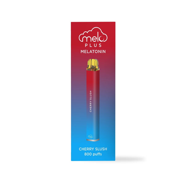 Melo Plus Melatonin-infused disposable vape with zero nicotine, 800 puffs, featuring sleek design and branding by Melo Labs.