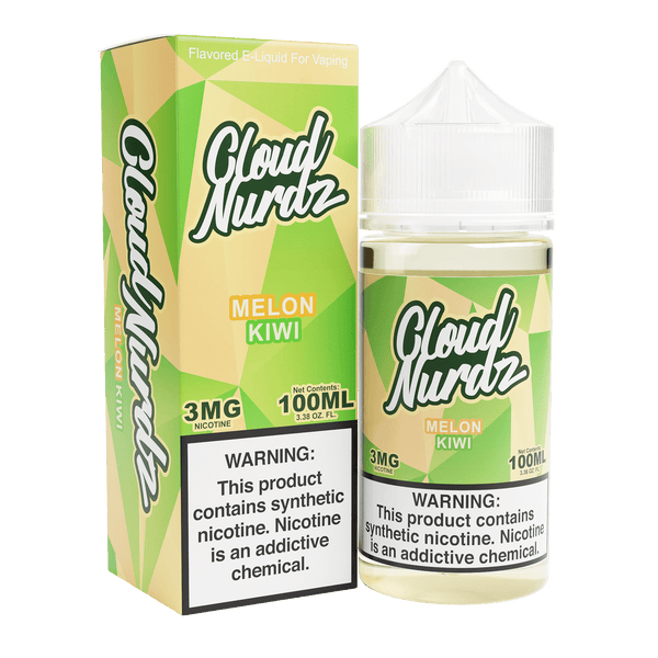 Melon Kiwi Cloud Nurdz e-liquid 100mL bottle with colorful label, showcasing fresh melon and kiwi flavors.