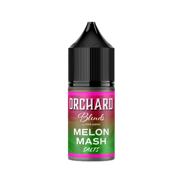 Melon Mash Salt E-liquid by Five Pawns, Orchard Blends, 30mL bottle showing the colorful label and product packaging.