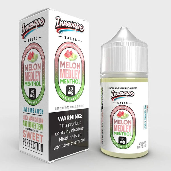 Innevape Melon Medley Menthol Salt e-liquid bottle with colorful label, 30mL size, showcasing a refreshing melon and menthol flavor.