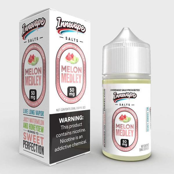 Innevape Melon Medley Salt E-liquid 30mL bottle with vibrant melon flavor and colorful label, ideal for vaping.