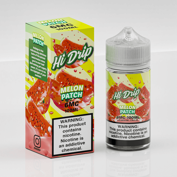 Bottle of Melon Patch Hi Drip e-liquid in 100mL size, with a vibrant melon flavor and colorful branding on the label.