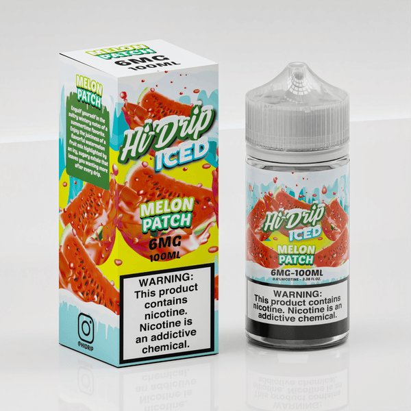 Bottle of Hi Drip Melon Patch ICED e-liquid showing a 100mL container with colorful fruit and mint flavor design.