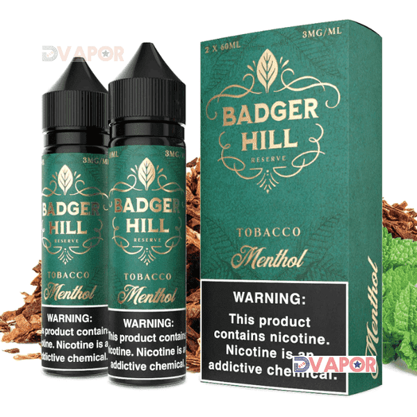 Bottle of Menthol Badger Hill Reserve e-liquid by Verdict Vapors in 120ML bottle, featuring clear labeling and colorful design.