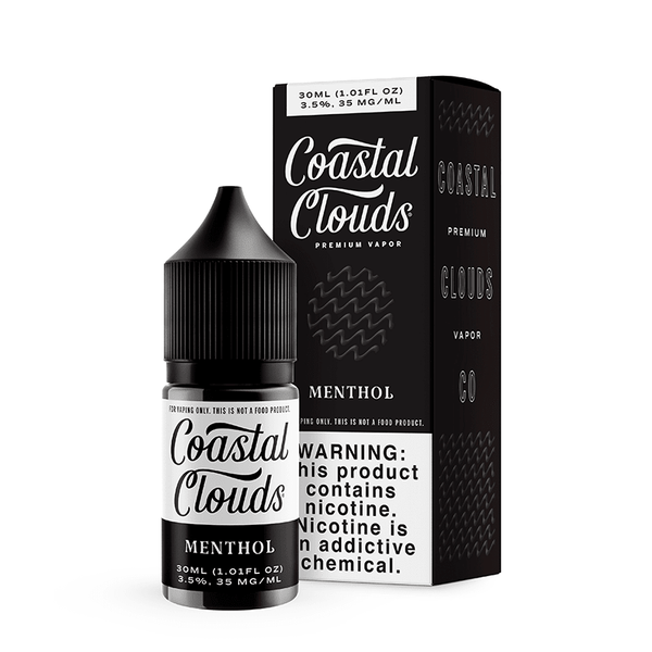 Bottle of Coastal Clouds Menthol SALT e-liquid 30mL with clear label, featuring a cool menthol flavor for vaping.
