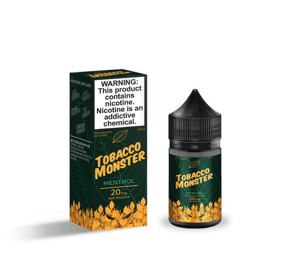 Bottle of Tobacco Monster Menthol SALT E-liquid in 30mL size with menthol flavor, featuring a sleek label design.