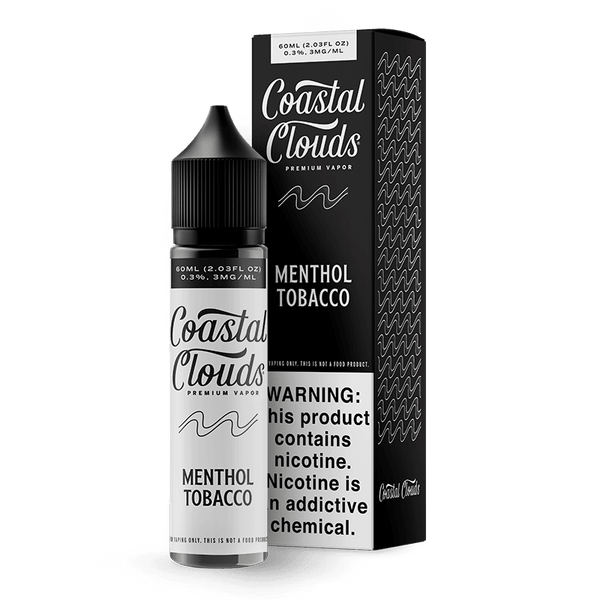 Bottle of Coastal Clouds Menthol Tobacco e-liquid, 60mL size, featuring cool menthol and tobacco flavor profile.