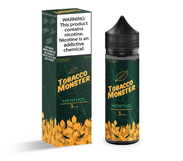 Bottle of Tobacco Monster Menthol tobacco e-liquid, 100mL size, with colorful label featuring menthol and tobacco imagery