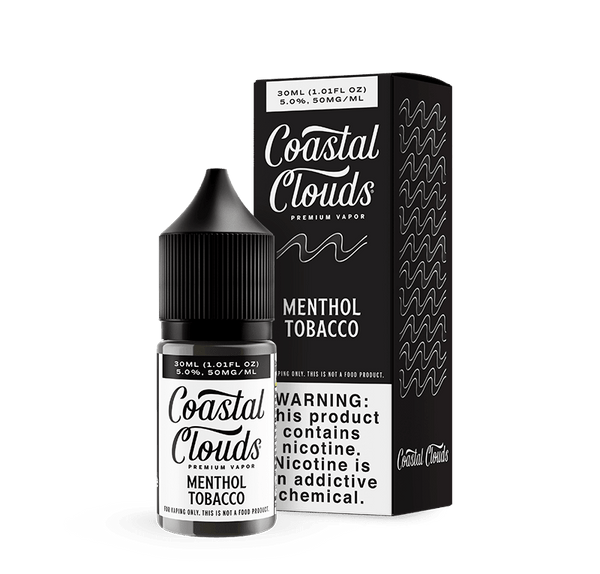 Coastal Clouds Menthol Tobacco Salt E-liquid bottle, 30mL, with menthol and tobacco flavor profile.