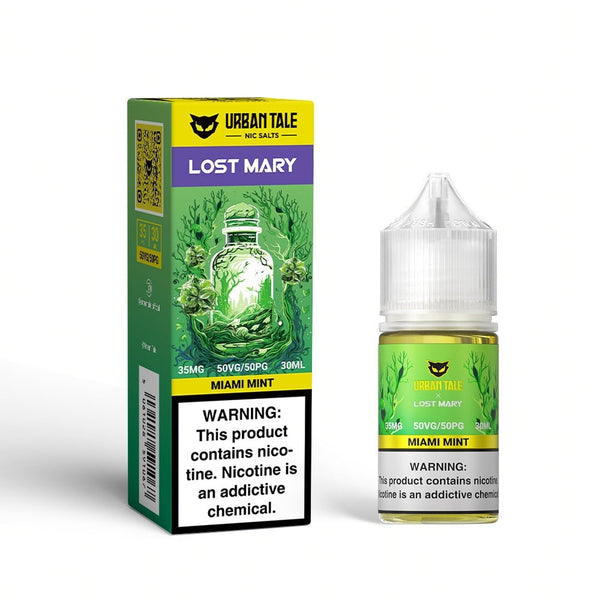 Miami Mint SALT e-liquid by Urban Tale x Lost Mary in a 30ml bottle, featuring a refreshing mint flavor.