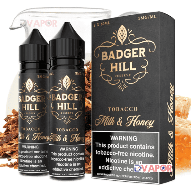 Bottle of Milk & Honey Badger Hill Reserve e-liquid by Verdict Vapors in 120ML size, with a label featuring milk and honey imagery.