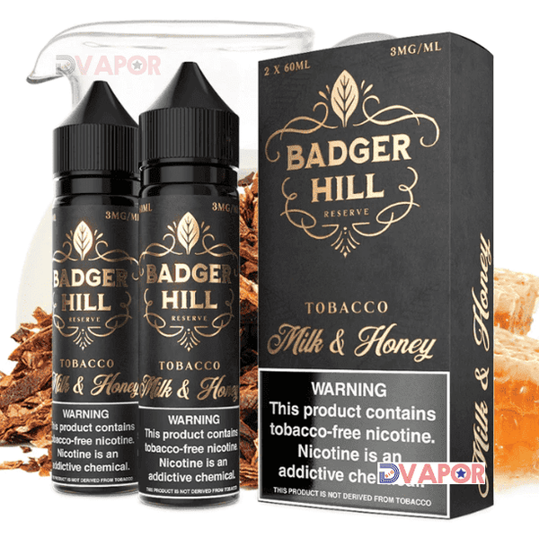 Bottle of Milk & Honey Badger Hill Reserve e-liquid by Verdict Vapors in 120ML size, with a label featuring milk and honey imagery.