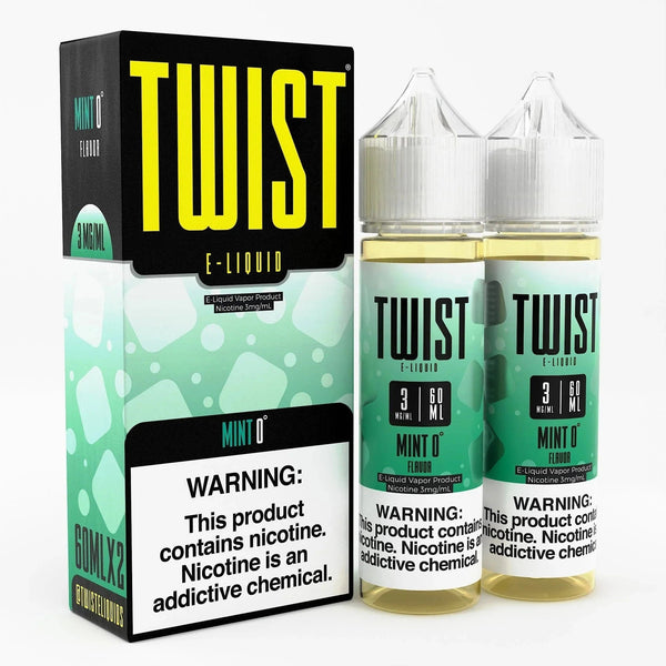 Bottle of Mint 0 Twist E-liquids 120mL e-liquid with fresh mint flavor, clear bottle with mint images and twist branding.