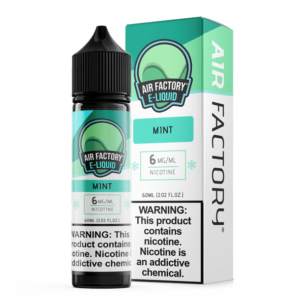 Bottle of Mint Air Factory E-Liquids 60mL with mint flavor, clear plastic bottle and label, designed for vaping.