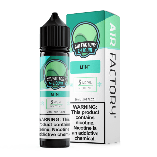 Bottle of Air Factory Mint E-Liquid in 60mL bottle with mint flavor and colorful packaging design.