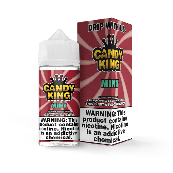 Mint-flavored Candy King 100mL e-liquid bottle with vibrant mint design and clear labeling on a white background.