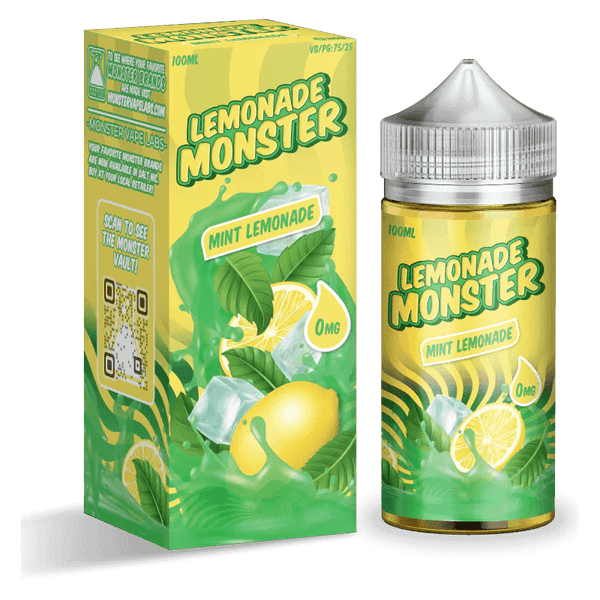 Mint Lemonade Lemonade Monster 100mL e-liquid bottle with mint and lemon flavor, clear label and colorful packaging.
