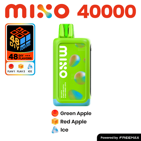 MIXO 40K disposable vape by Freemax with three flavored options, sleek design, and mouthpiece for easy vaping.
