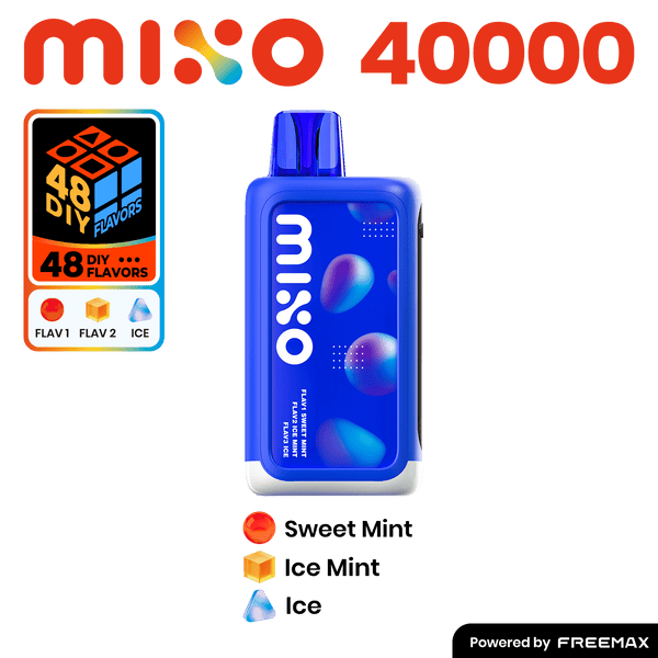 MIXO 40K disposable vape by Freemax with three flavored options, compact design, and mouthpiece for easy vaping.