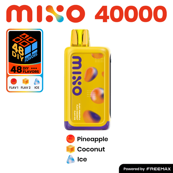 MIXO 40K disposable vape by Freemax featuring three flavored e-liquids in sleek, portable design with colorful branding.