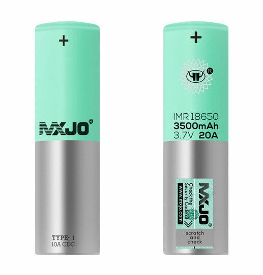 MXJO 18650 3500mAh 20A vape battery showing the cylindrical lithium-ion cell with branding and specifications.
