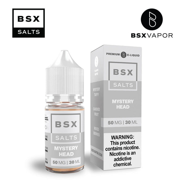 Bottle of BSX Vapor Mystery Head SALT e-liquid in a 30mL bottle, with colorful label and dropper cap.