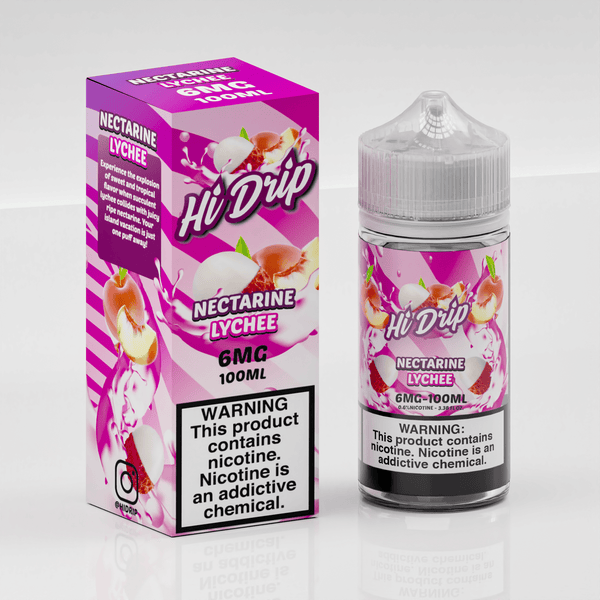 Bottle of Hi Drip Nectarine Lychee e-liquid with a vibrant label, designed for vaping, 100mL capacity, flavor blend of nectarine and lychee.