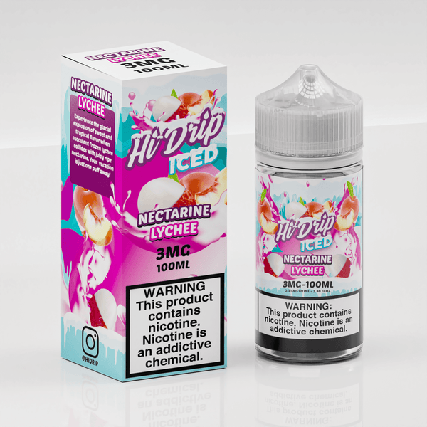 Bottle of Hi Drip Nectarine Lychee Iced E-liquid in 100mL bottle, featuring vibrant label with nectarine and lychee fruits.
