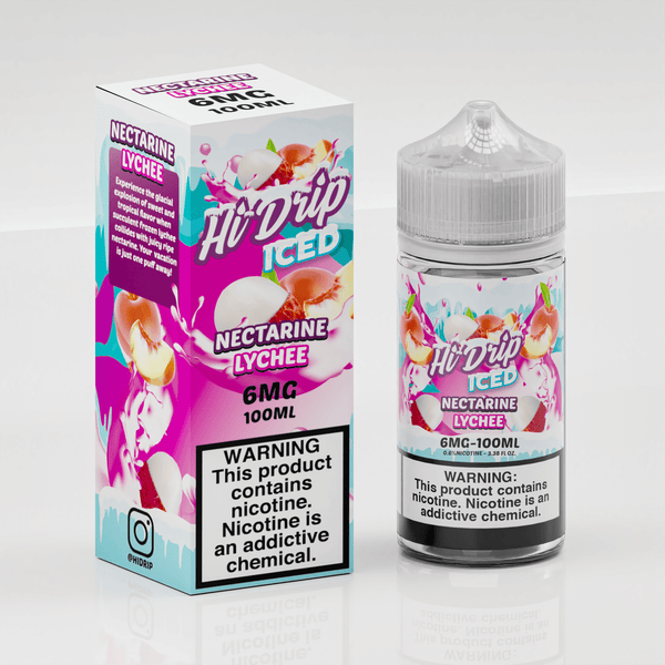 Nectarine Lychee Iced e-liquid by Hi Drip in 100mL bottle, featuring fresh nectarine and lychee flavors with a cooling icy finish.