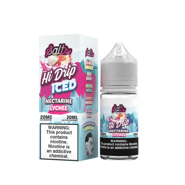Nectarine Lychee Iced Salt e-liquid by Hi Drip in a 30mL bottle, featuring fresh nectarine, lychee, and cooling iced salt flavor.