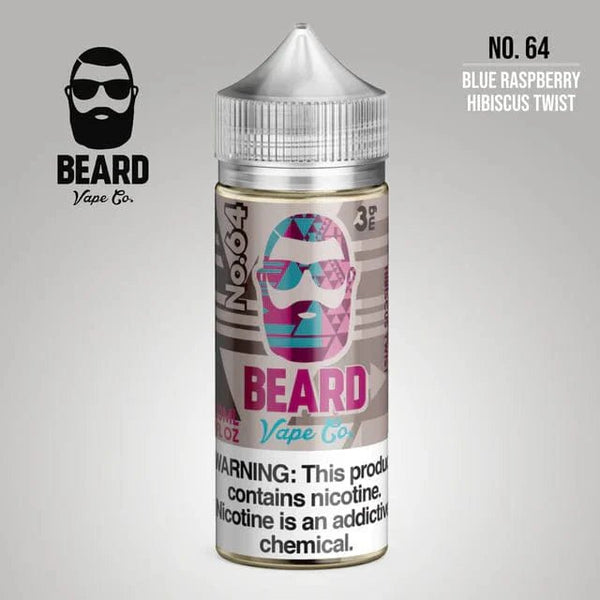 Beard Vape Co No. 64 Blue Raspberry Hibiscus e-liquid bottle, 120mL with colorful label featuring blue raspberry and hibiscus imagery.