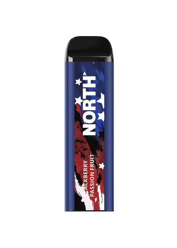 NORTH 5000 disposable vape device with blackberry passion fruit flavor, black design, and sleek cylindrical shape.