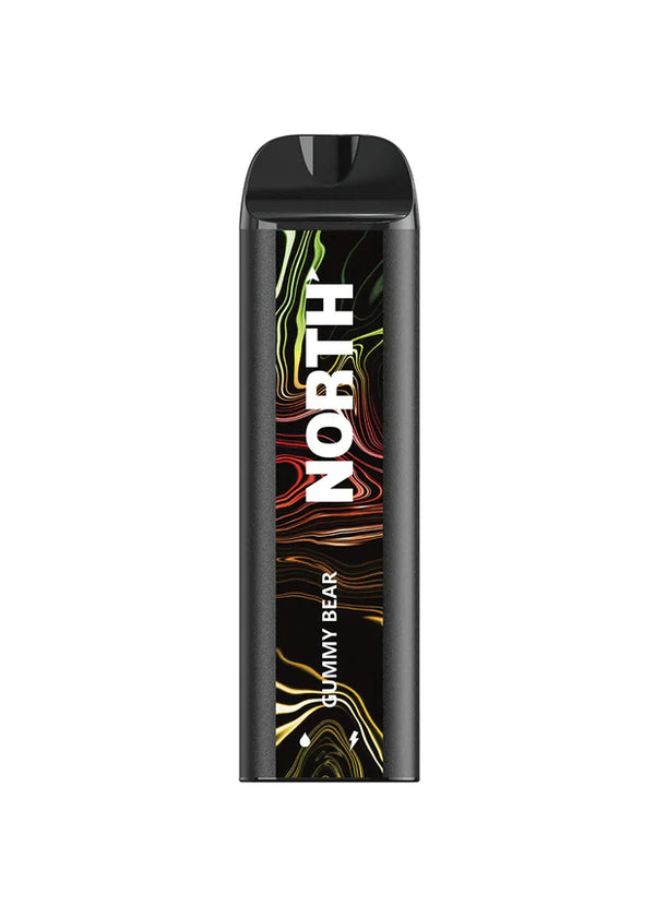 NORTH 5000 Disposable Vape with Gummy Bear flavor, sleek black device featuring brand logo and flavor description.