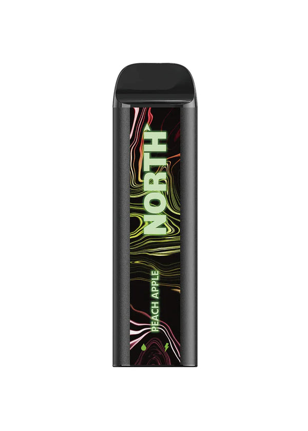 NORTH 5000 disposable vape device with peach and apple flavor, featuring a sleek design and compact size.