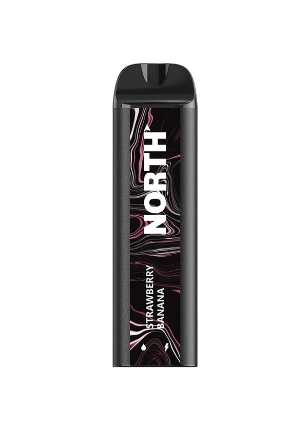 NORTH 5000 Disposable Vape device with strawberry banana flavor, showing sleek design and colorful branding.