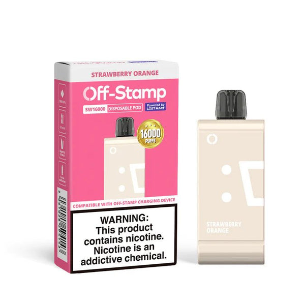 Lost Mary Off Stamp SW16000 refill pod for SW9000 vape disposable, shown in black with mouthpiece and pod connection