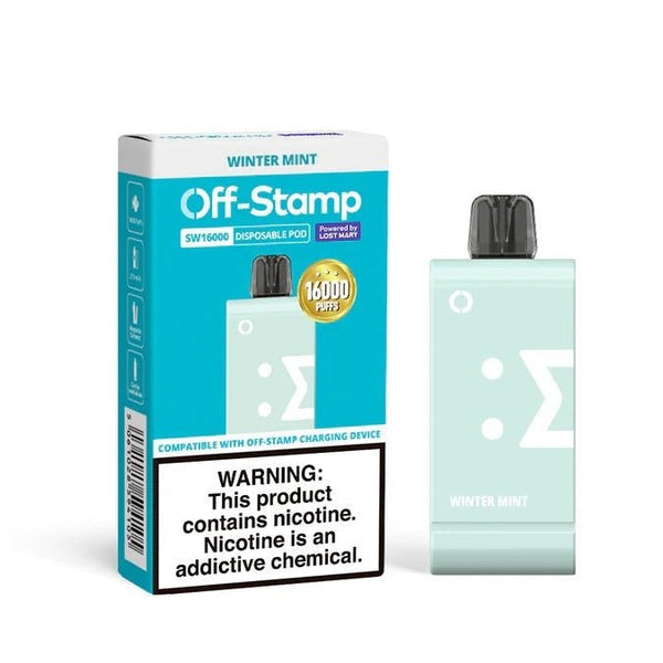 Lost Mary Off Stamp SW16000 refill pod for SW9000 vape disposable, showing the pod with mouthpiece and e-liquid chamber.