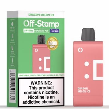 Lost Mary Off Stamp SW16000 refill pod for SW9000 vape disposable, showing the sleek black pod with branding and airflow openings.