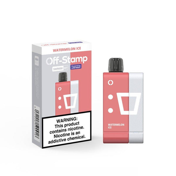 Lost Mary Off-Stamp SW9000 Disposable Full Kit with 5% nicotine salt, featuring sleek design and complete vaping setup.