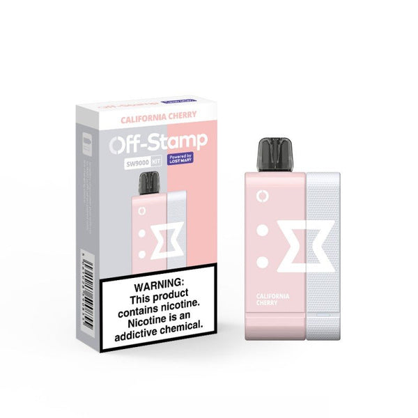 Lost Mary Off-Stamp SW9000 disposable full kit with 5% nicotine, featuring sleek design and compact vaporizer for on-the-go use.