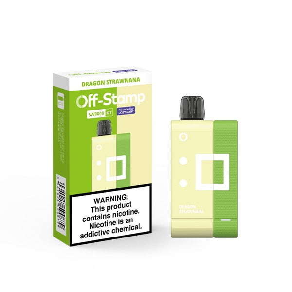 Lost Mary Off-Stamp SW9000 disposable full kit with 5% nicotine, including device and accessories, in vibrant packaging.