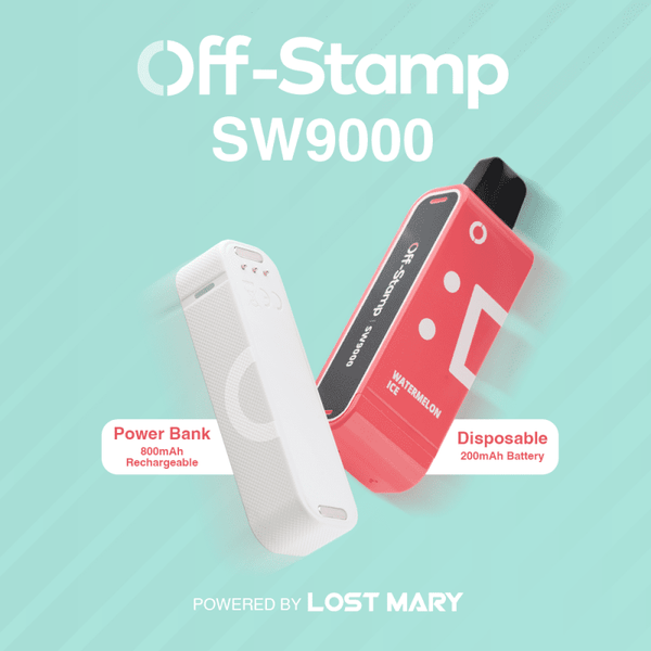 Lost Mary Off-Stamp SW9000 disposable full kit with 5% nicotine, featuring sleek design and easy-to-use vaping device.