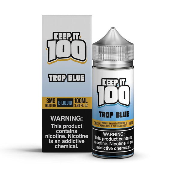 Keep It 100 OG Tropical Blue e-liquid bottle, 100mL size, with vibrant blue flavor branding and colorful label design.
