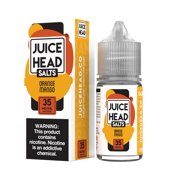Orange and mango flavored salt e-liquid by Juice Head in a 30mL bottle, featuring vibrant orange and mango fruit visuals.
