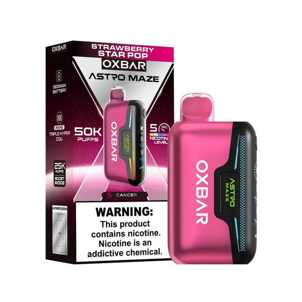 Oxbar Astro Maze 50k disposable vape with adjustable nicotine, featuring a sleek design and 50,000 puffs.