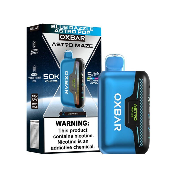 Oxbar Astro Maze 50k disposable vape device with adjustable nicotine, designed for long-lasting 50,000 puffs.